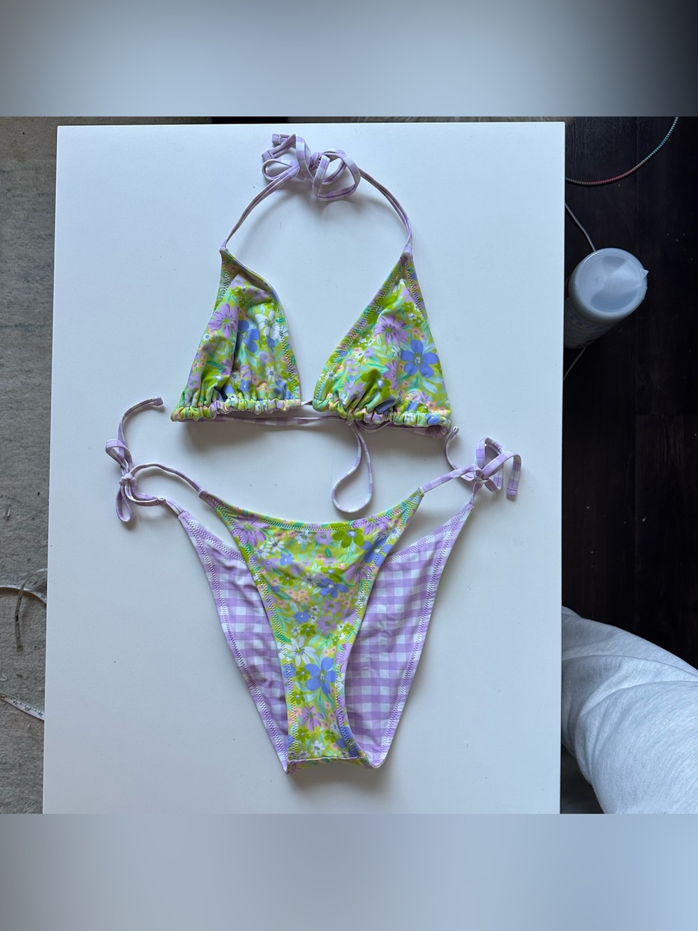 Wild Fable Reversible Halter Triangle Bikini Tie Set M/L Gingham Purple Floral